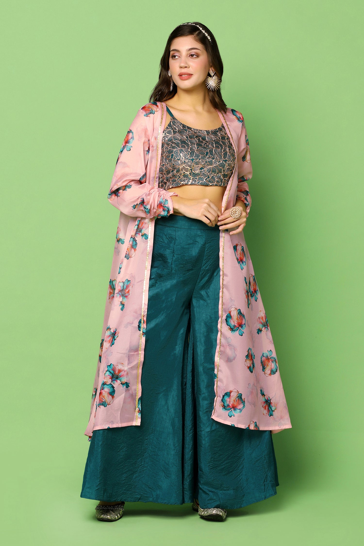 Pink printed palazzo with crop top - G3-WSS40533 | G3fashion.com